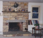 Stone fireplace.